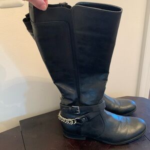 Black leather silver chain boots